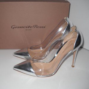 New GIANVITO ROSSI Plexi 105 Metallic Silver Sz 37